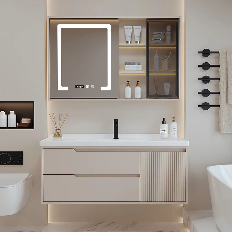 

Cream wind modern simple rubber wood paint door panel bathroom cabinet washstand ceramic integrated basin bathroom cabinet c