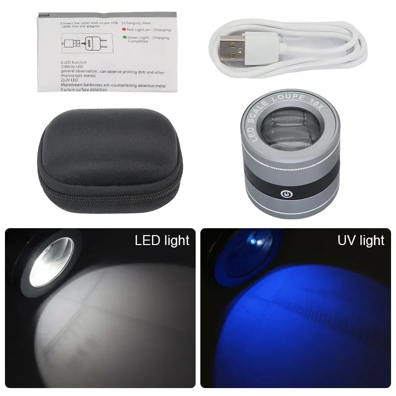 10X Magnifier LED UV Light Loupe with Scale Portable Table Magnifying Glass USB Rechargeable Measurement f/ Reading Appreciation