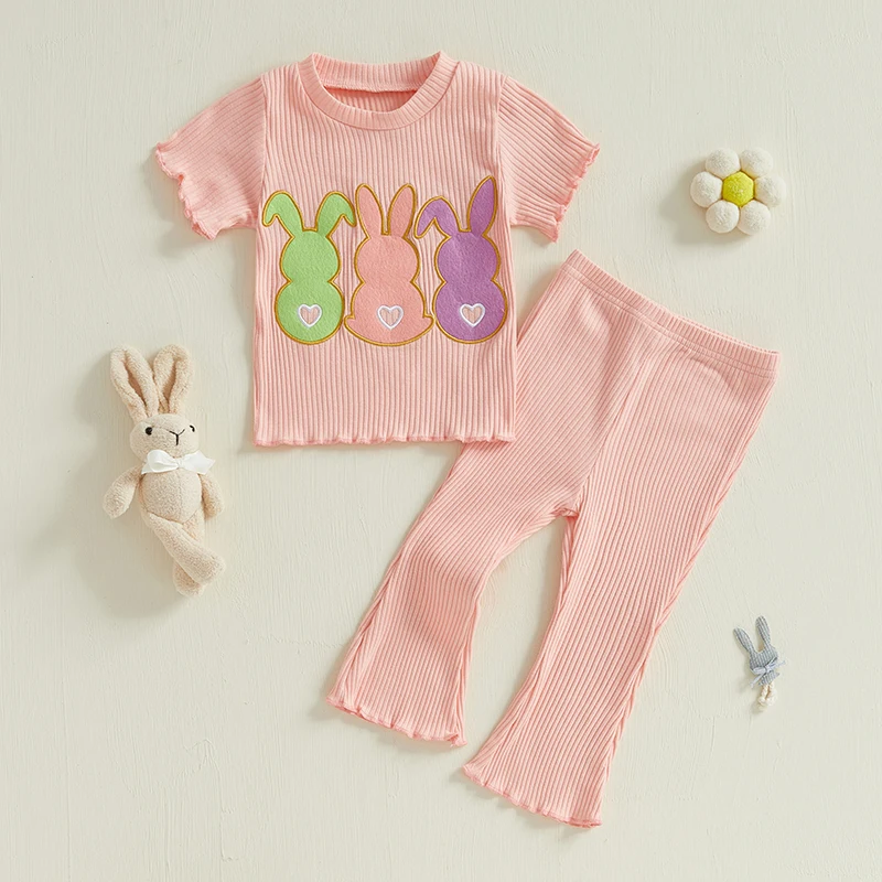 

Adorable Baby Girl Easter Outfit Set with Short Sleeve Top and Flare Pants - Cute Toddler Clothing for Spring Festivities