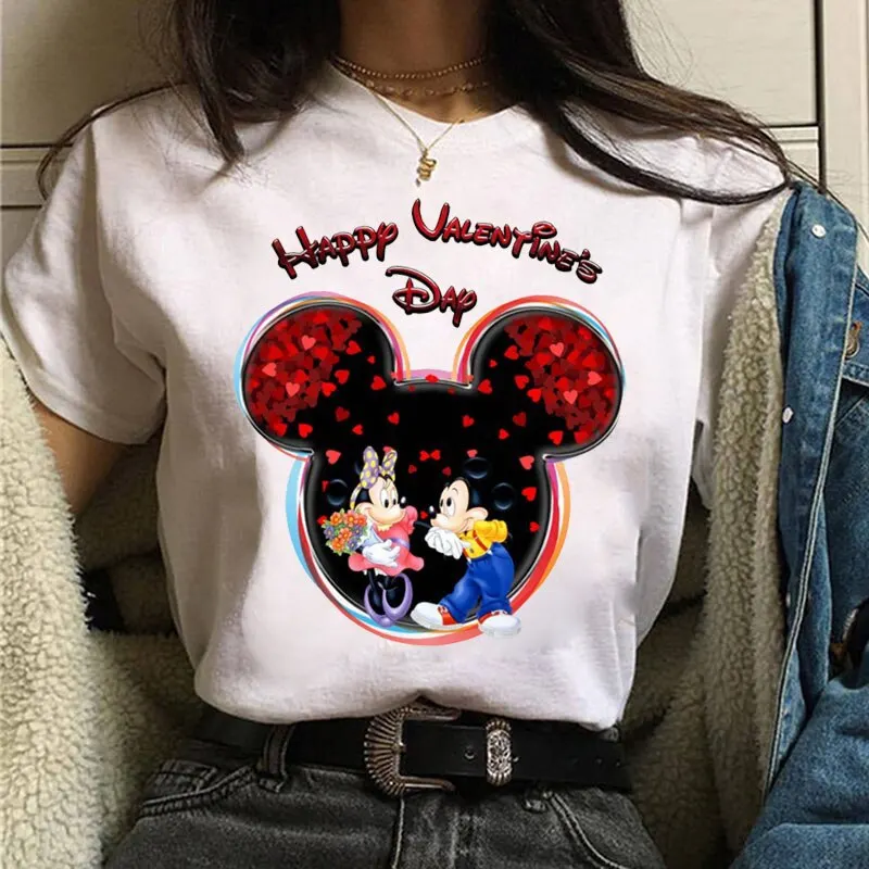 

2026 New Mickey Heart Print Women's T-Shirt, Summer Casual Top, Valentine's Day Gift for Her