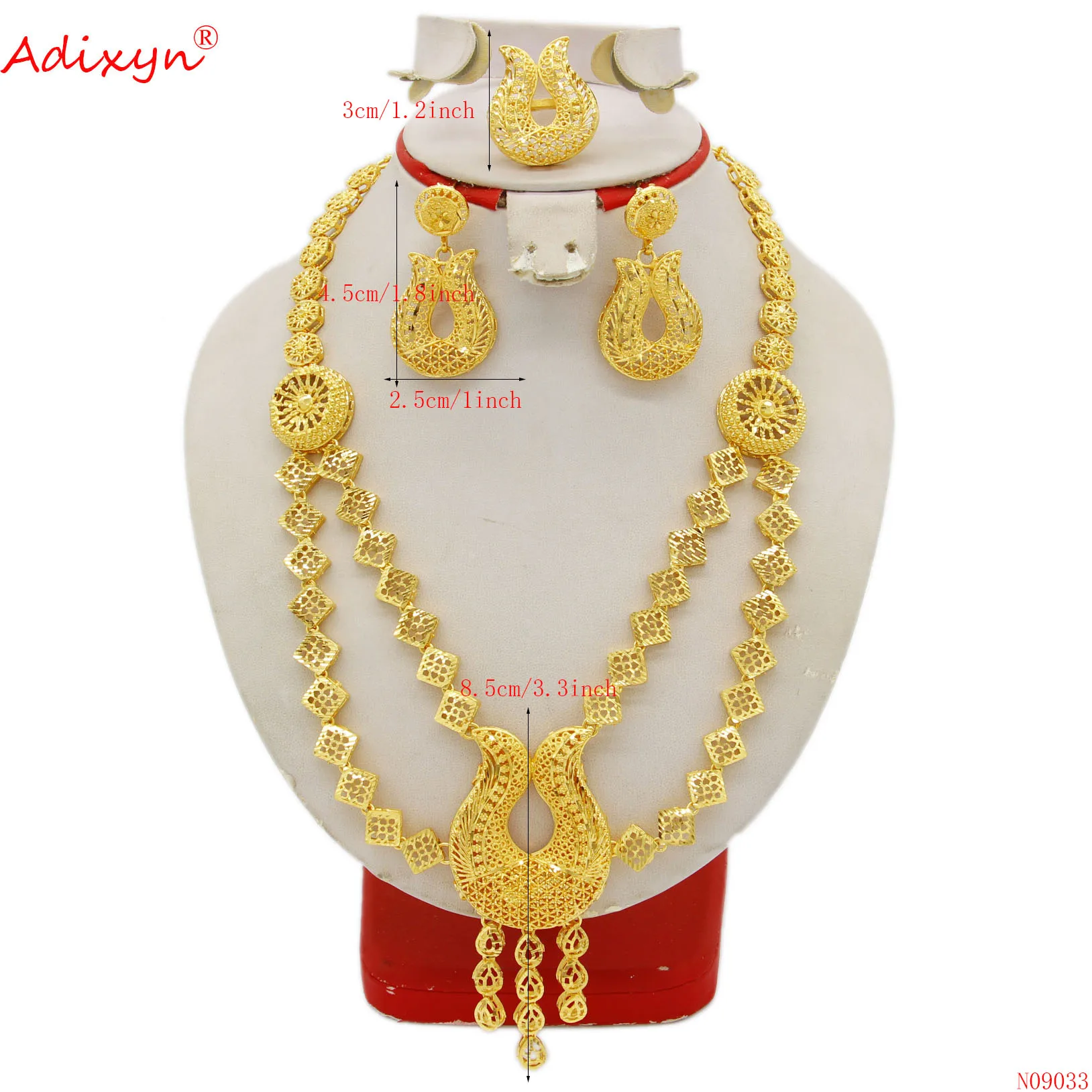 Adixyn-Conjunto de joyería nupcial india, collar etíope de Dubái, Color dorado, pendientes, anillos, regalos de boda nigerianos de lujo, N09033