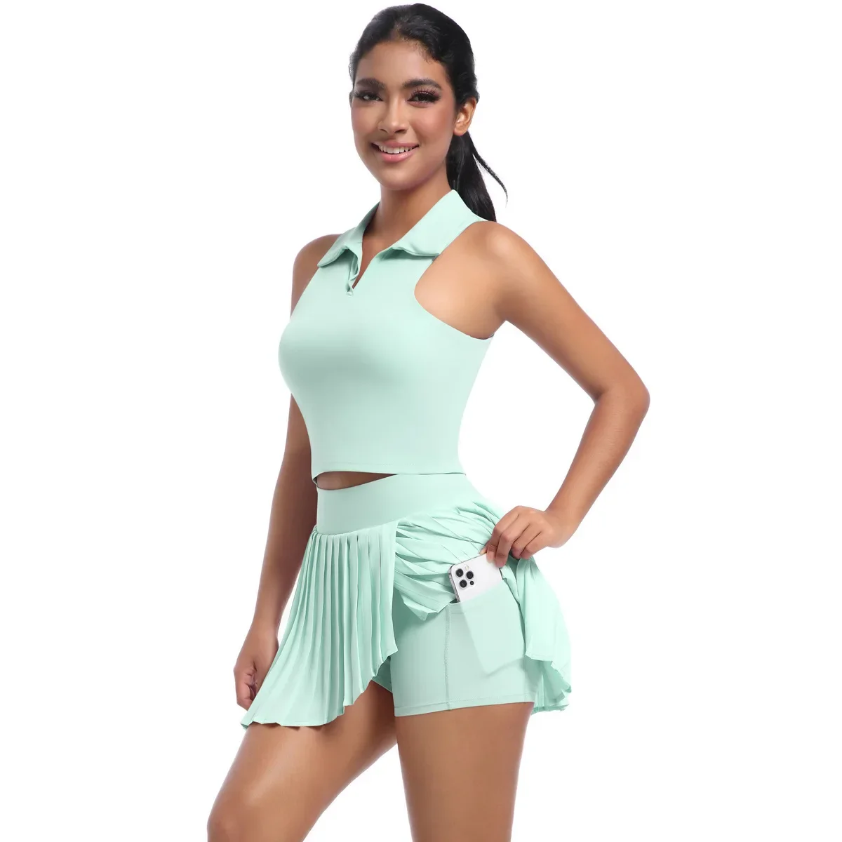 Tennis Dress Jumpsuits Sports Fitness Pocket Golf Badminton Pleated Skirt Set Tracksuits Lapel Vest Fake Two-piece Yoga Suits