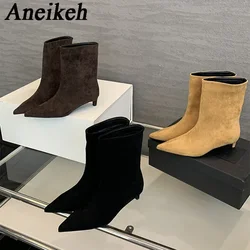 Aneikeh Large Size 41 42 Fashion Winter Faux Suede Pointed Short Boots Low Heel Boots Slip on Party Shoes Botas Zapatos De Mujer