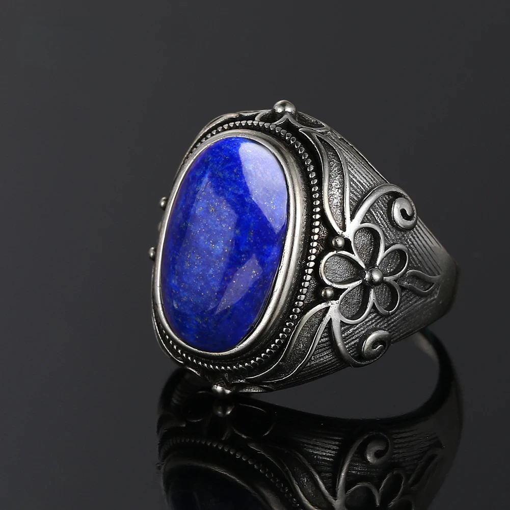 925 Sterling Silver Natural Big Oval Natural Lapis Lazuli Ring for Women Men Gift Vintage Large Ring Wholesale Fine Jewelry