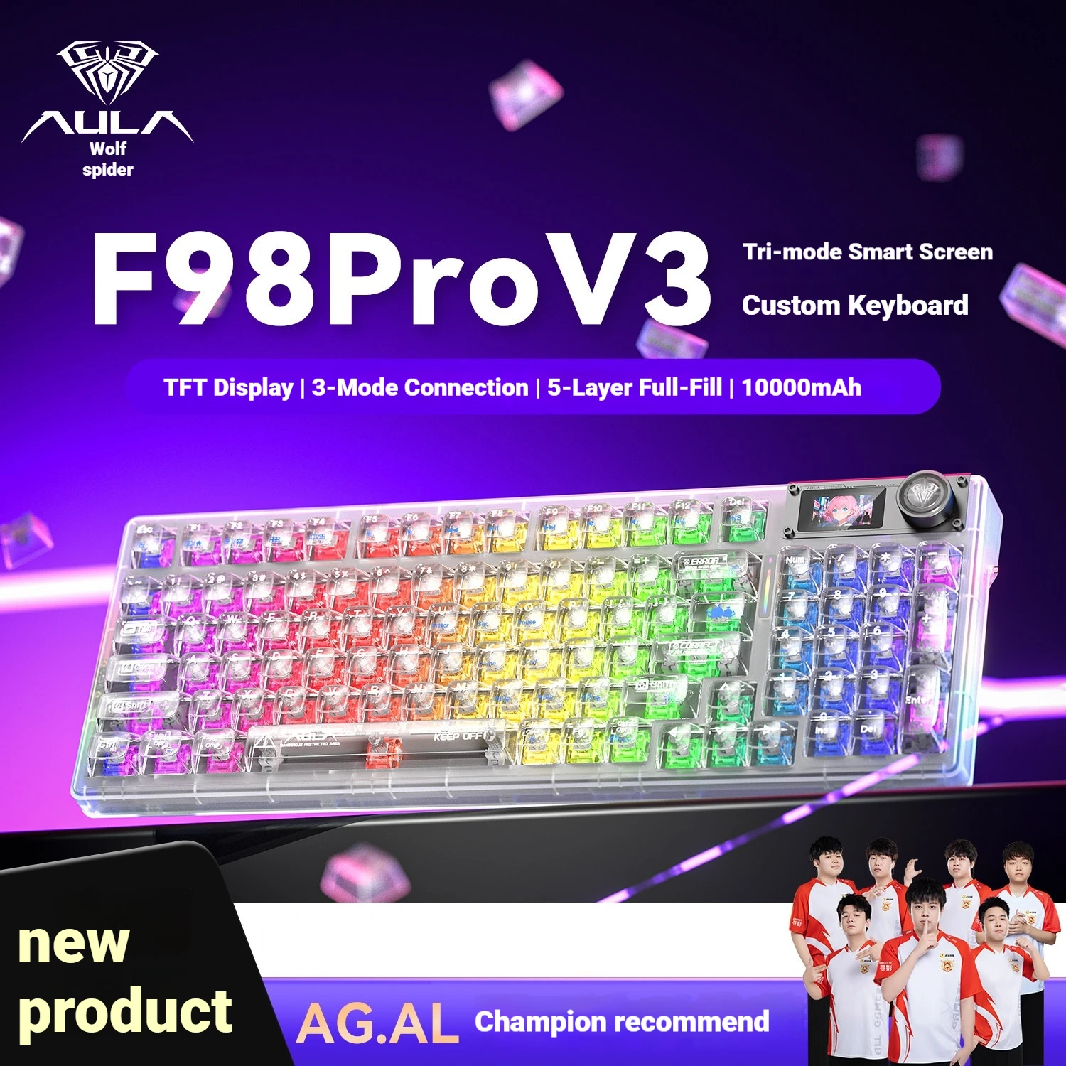 

AULA F98Pro V3 Custom Mechanical Keyboard Side Engraved Tri Mode Wireless Bluetooth Wired Clear Hotswap RGB TFT Display 10000mAh