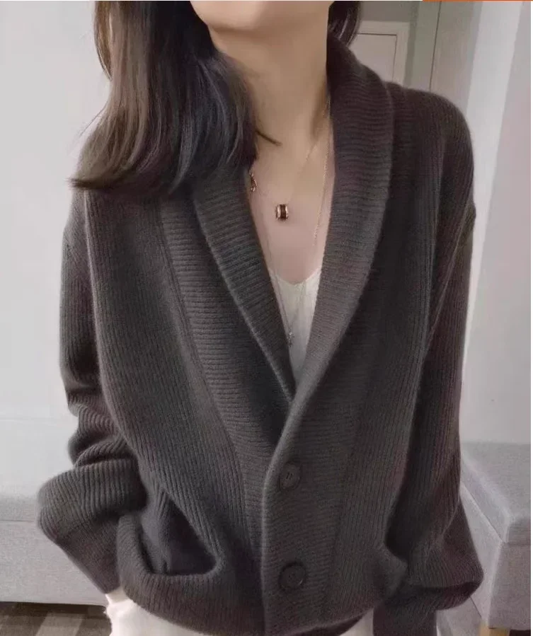 Autumn and Winter 100% Wool Knitted Women's Polo Cardigan Sweater Loose and Comfortable Full Sleeve Coat Women's New Style