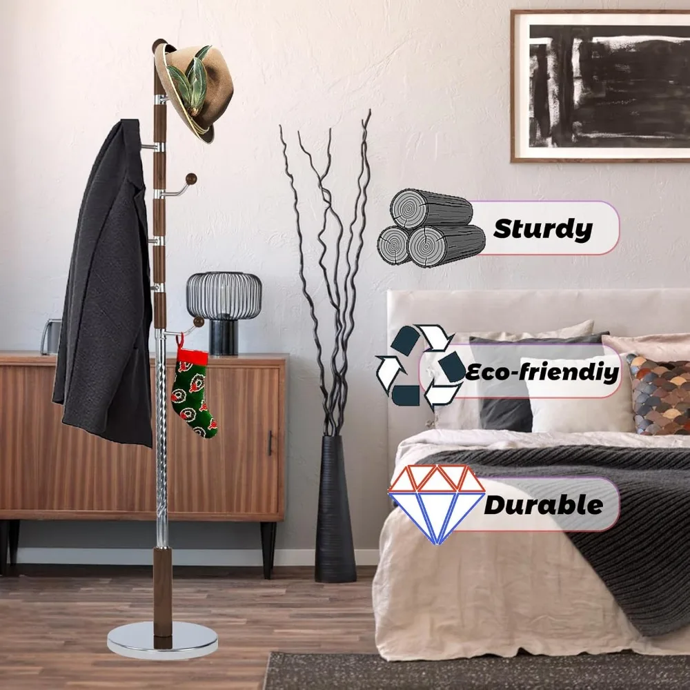 رف معطف قائم بذاته على شكل شجرة قابل للتعديل للمنزل وغرفة النوم مع قاعدة مستديرة ثابتة وبناء خشبي طويل الأمد #4