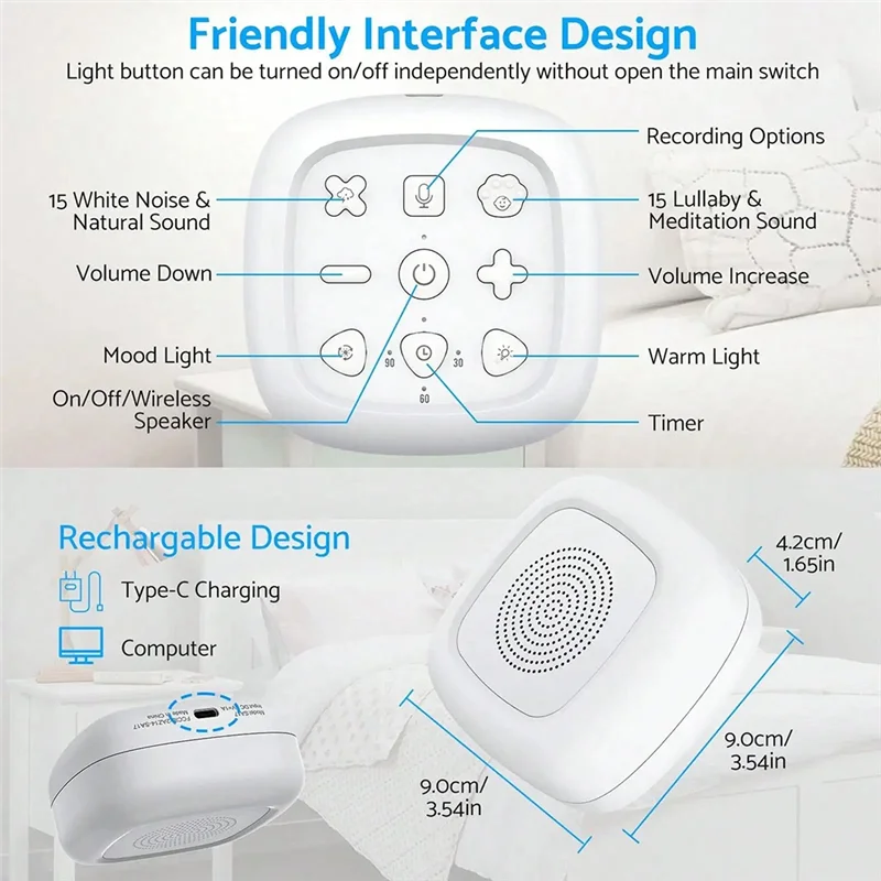 آلة الضوضاء البيضاء اللاسلكية آلة الصوت 30 صوتًا للمساعدة على النوم، 7 ألوان ضوء ليلي للأطفال مع تسجيل 3 دقائق