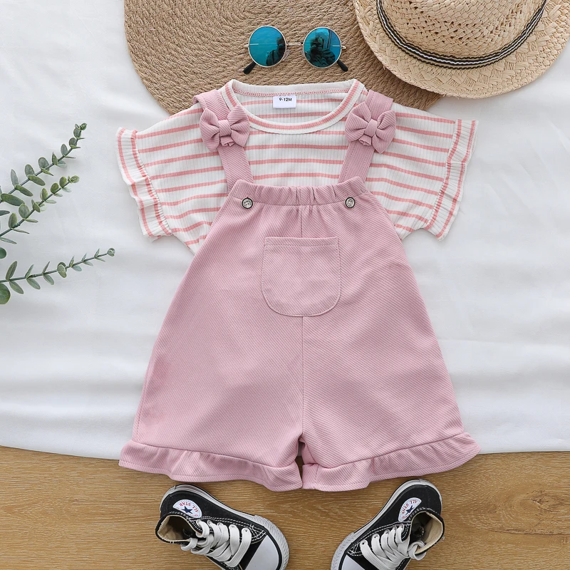 

Summer fashion striped romper pants and short-sleeved shorts set for female infants and toddlers