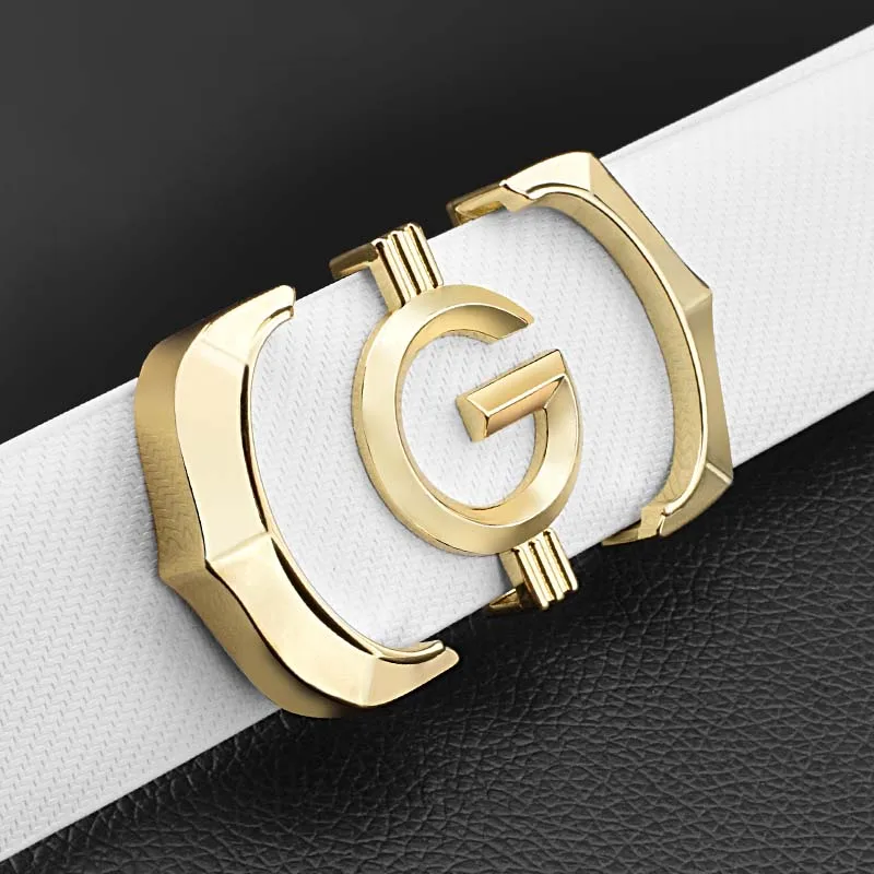 High quality white casual men belt genuine leather designer G letter belt Cowskin solid smooth buckle belt ceinture homme