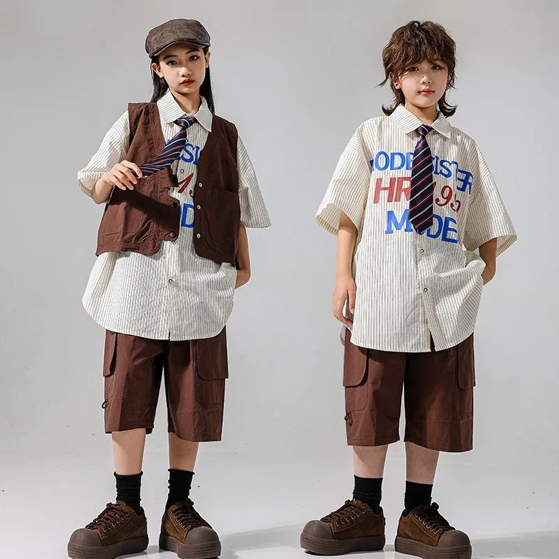 

Street Dance Costume Hip Hop Stage Outfit Loose Shirt Brown Shorts Waistcoat Jazz Performance Wear Children Fashion Clothes