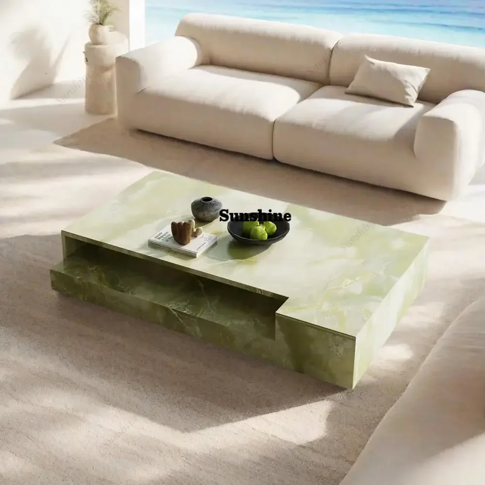 

Rectangular Jade Marble Coffee Table, Artistic Luxury Stone, Heat & Scratch Resistant, Natural Veining, CustomizableTJ