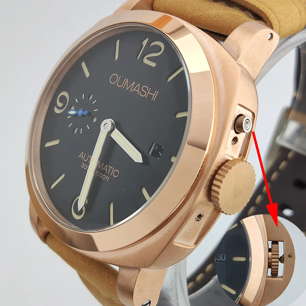 ساعات 45 ملم ساعة رجالية ST2555 حركة ستانلس ستيل روز جولد حافظة ساعة ميكانيكية عتيقة سوار جلد زجاجي معدني