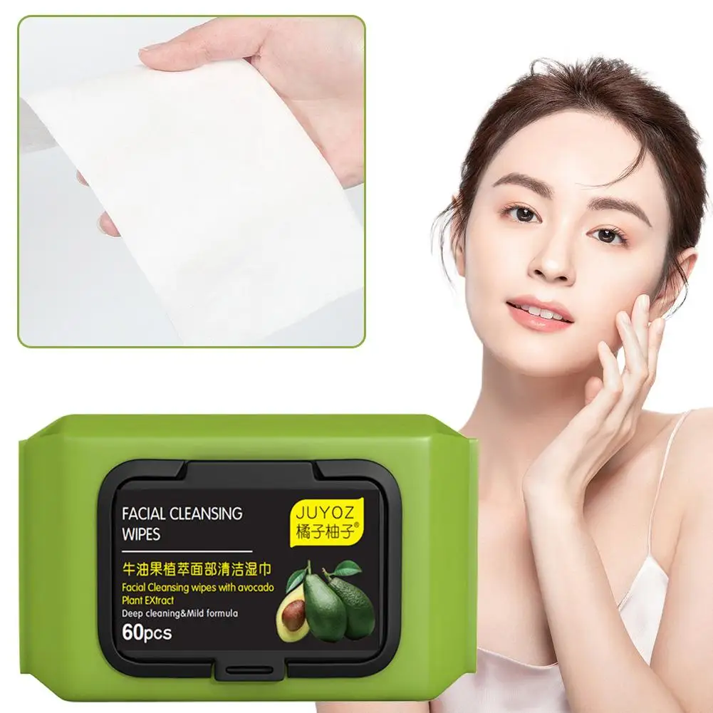 60pcs Avocado Essence Moisturizing Makeup Remover Wipes Easy-carry Makeup Remover Towel And Facial Cleanser Three In One