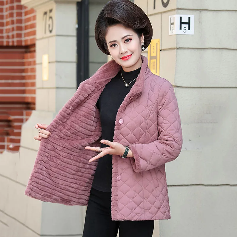 

NEW Middle Aged Womens Fleece Quilted Jacket Winter Warm Outerwear Noble Female Casual Down Cotton Coat Windproof Overcoat 5XL