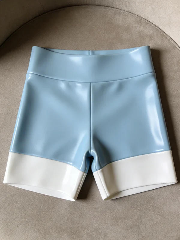 

Latex Catsuit Rubber Cool Handsome Unisex Fashionable Shorts, white and blue are mixed, no needles or threads.