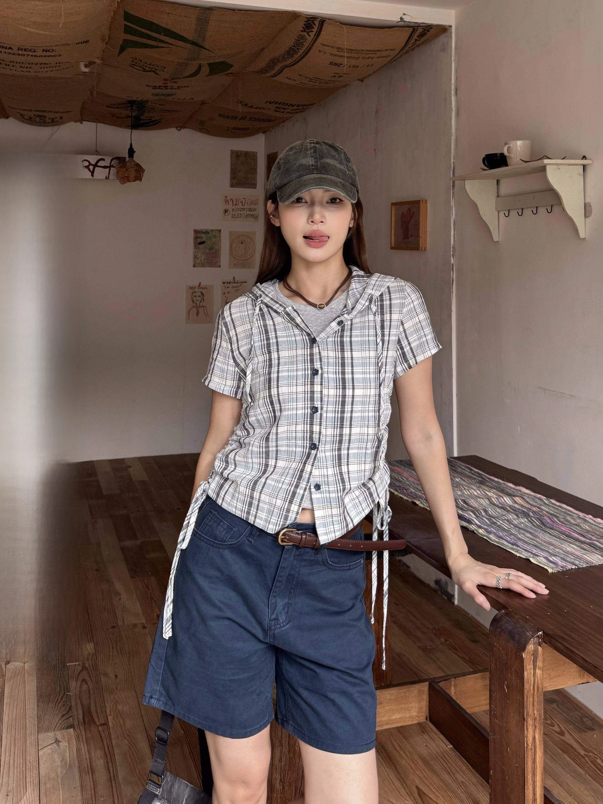 

Женская летняя повседневная футболка XFX в американском ретро-стиле с принтом в клетку, приталенная, дышащая, из хлопка, прямого кроя