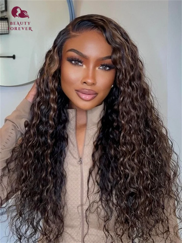 

Beautyforever Highlights Brown Water Wave Glueless Human Hair Wig Pre Cut Lace 7x5 Bye Bye Knots Lace Front Wig Density 180%