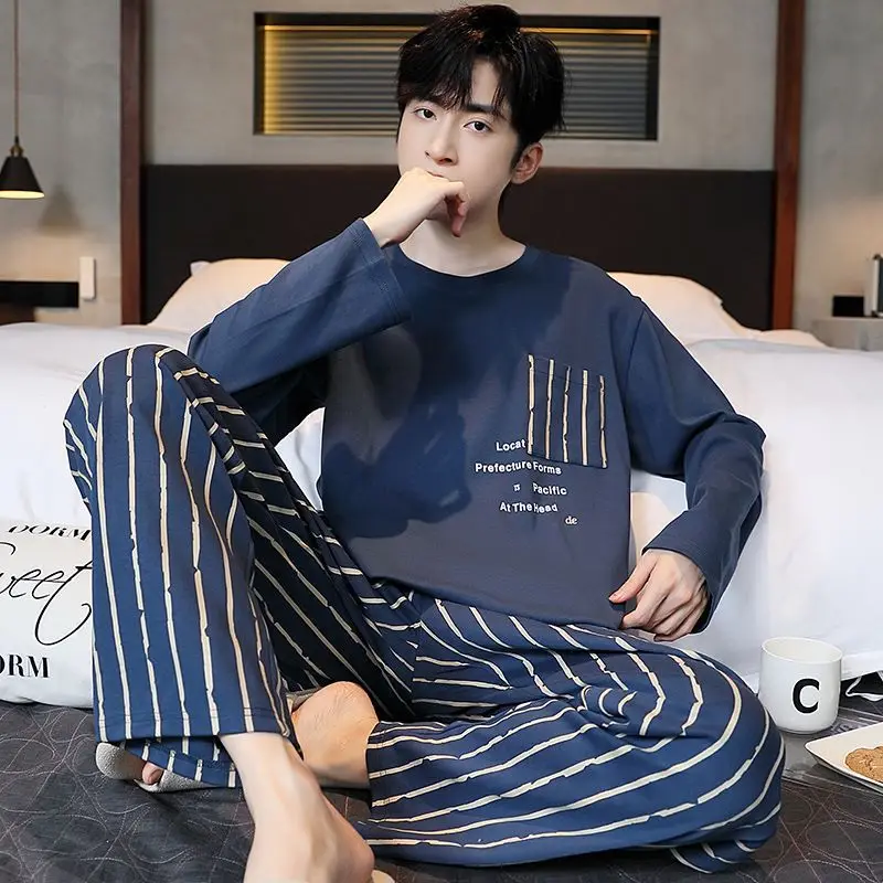 Fashion Pure Cotton Pajamas Suit Men Spring Autumn Long-sleeved Trousers O-Neck Homewear Male Winter Soft Loungewear Suit Gents