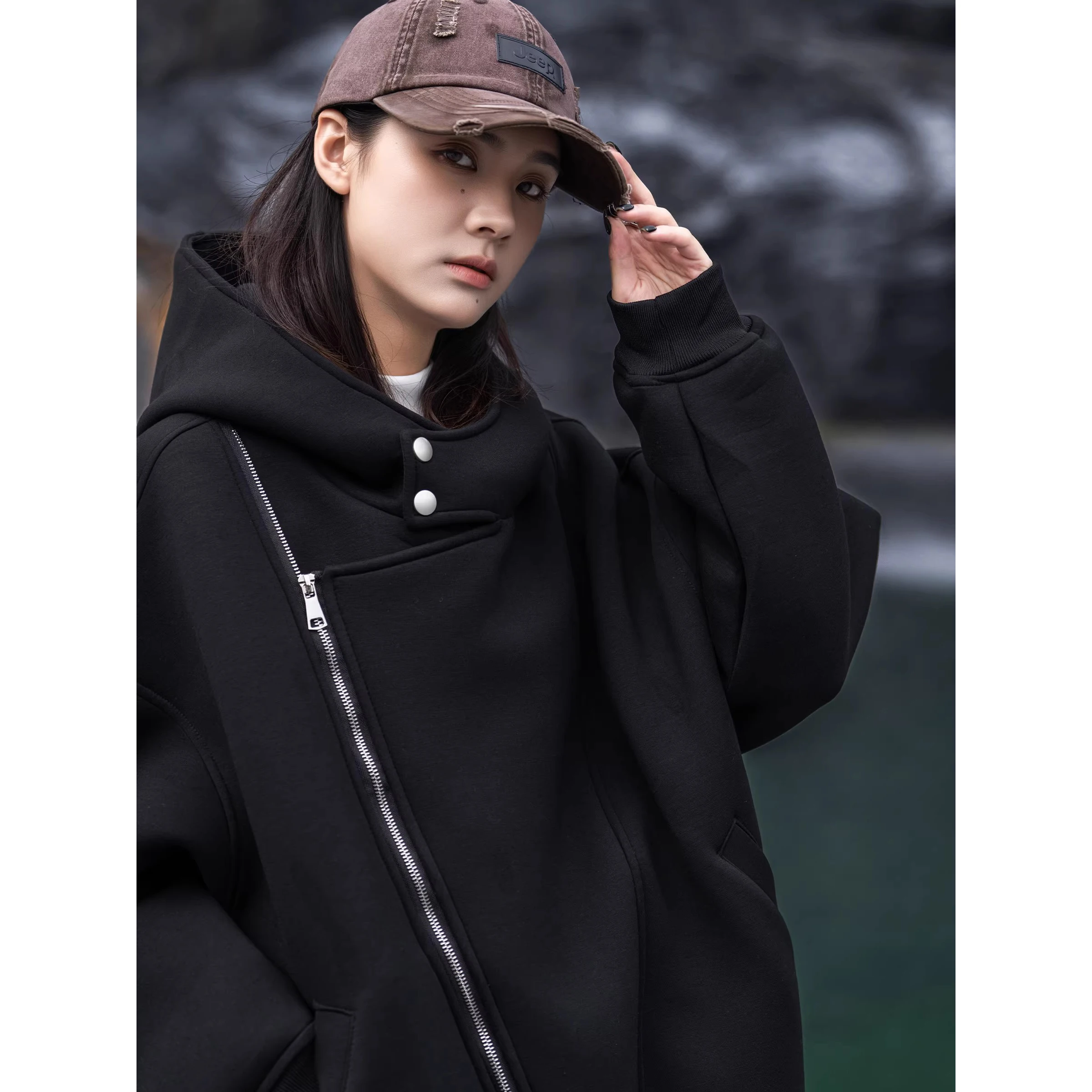 2025 Function Hoodie with Asymmetric Zipper Men‘s Fashion Zip Up Sweatshirt  Hip Hop Streetwear Hoodies Oversized Coat Black