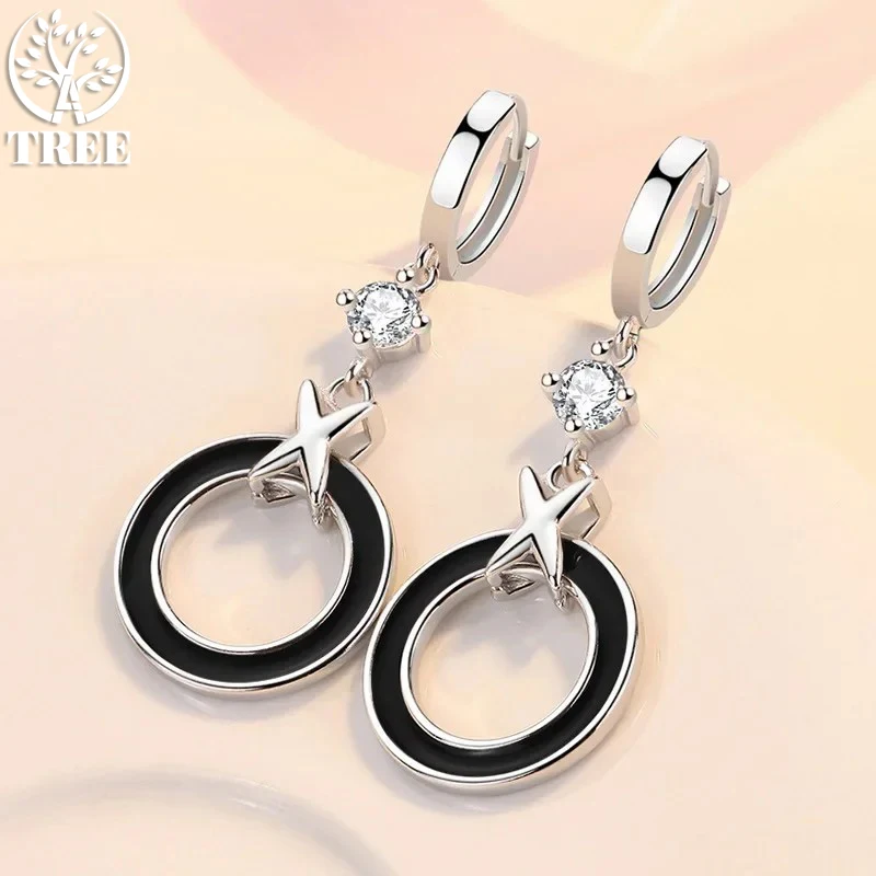 

ALITREE Personality Trendy Black Circle X Hoop Earrings For Women 925 Silver Jewelry Shiny Zircon Long Earring Party Accessories