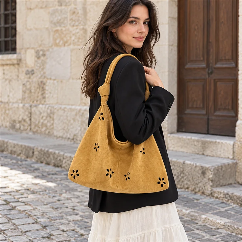 Women's Vintage Suede Tote Bag, Large Capacity Cutout Design Shoulder Handbag, Retro Casual Commuter Bag