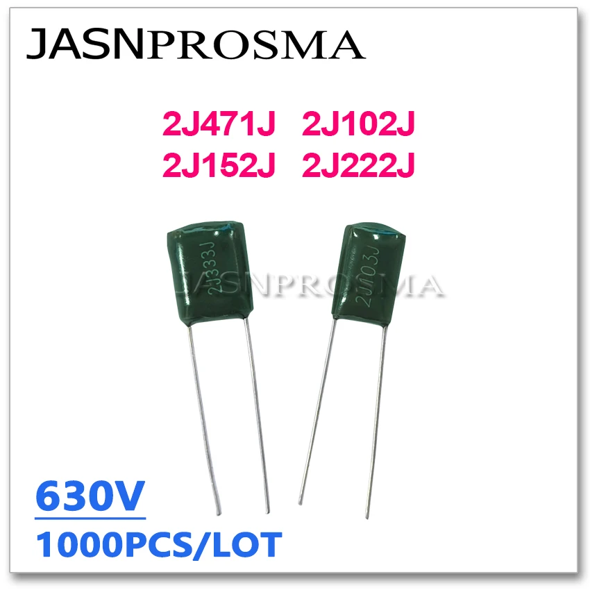 JASNPROSMA 1000PCS 630V 2J471J 2J102J 2J152J 2J222J 470PF 1NF 1.5NF 2.2NF 471J 102J 222J 2J 5% Polyester poly Film capacitor