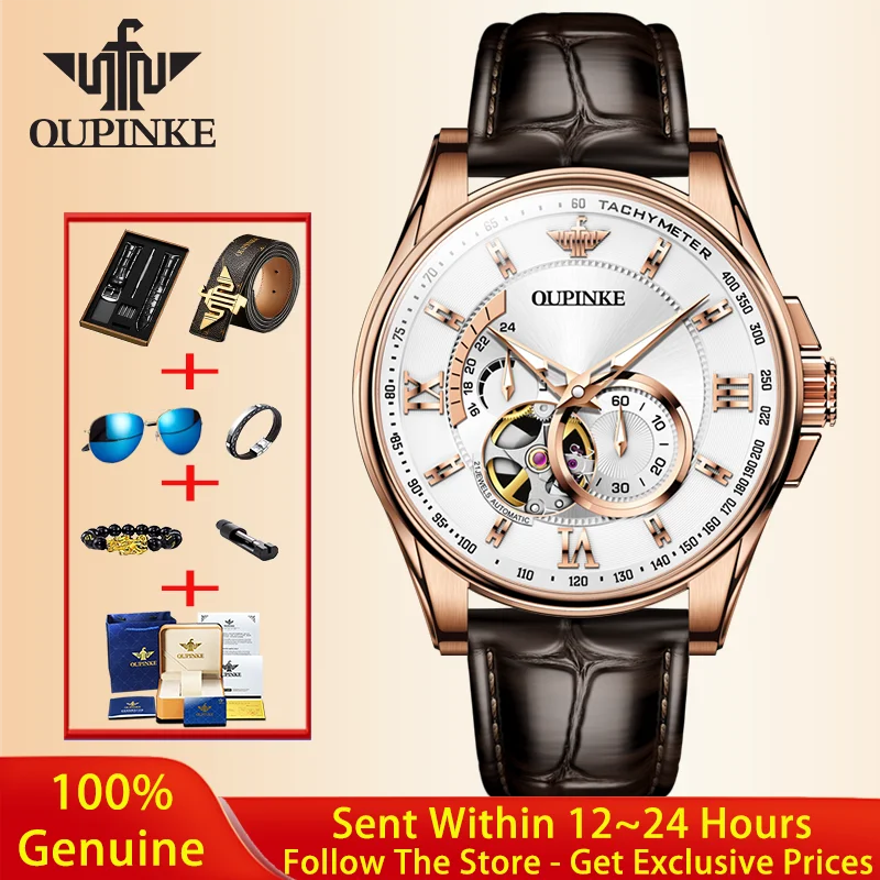 

Мужские часы OUPINKE 3222, роскошные, с хронографом, кожаным ремешком, сапфировым стеклом, календарем, автоматическим механическим механизмом.