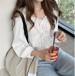 Cute Korean Style Long Sleeve Shirt with Bow Short Length Embroidered Women's T-shirt Lovely Style Autumn Collection