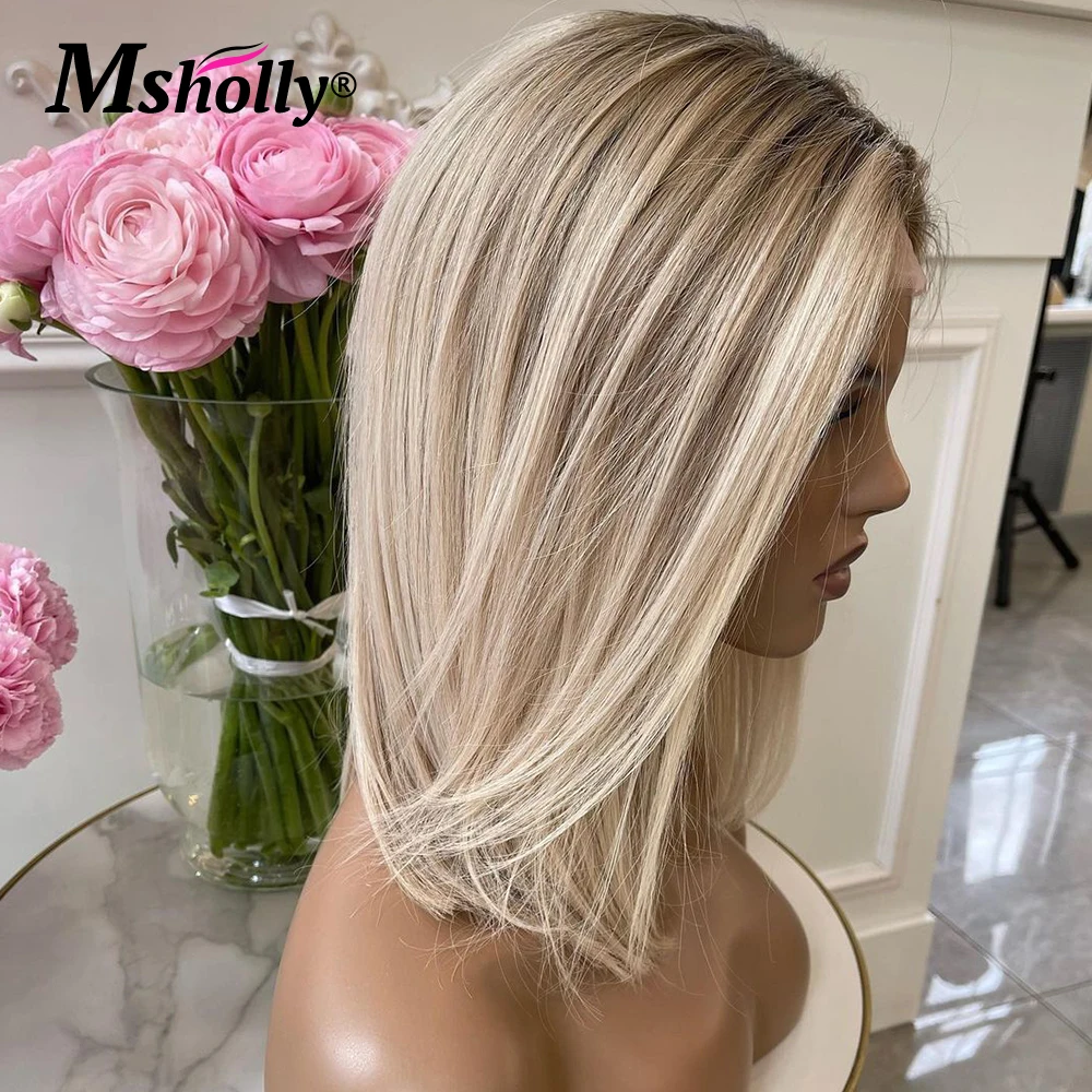 Ash Blonde Short Bob Wigs Human Hair 13x4 Lace Frontal Wig Dark Root Straight Bob Cut Human Hair Ombre Preplucked Remy Hair Wigs