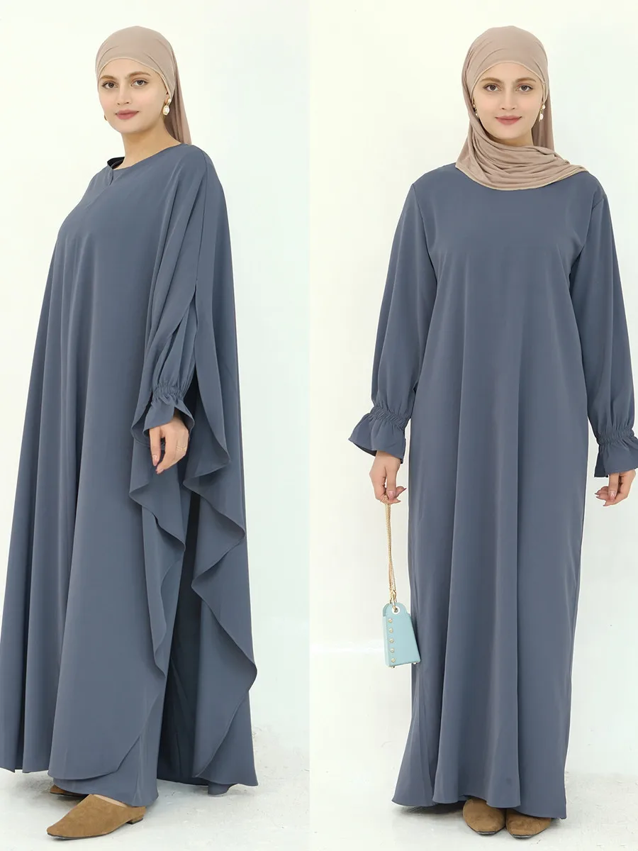 

Muslim Women Dubai Abaya Long Dress Solid Color Modest prayer Ramadan Robe Two-piece set Femme Islam Maxi Dresses Clothing Set