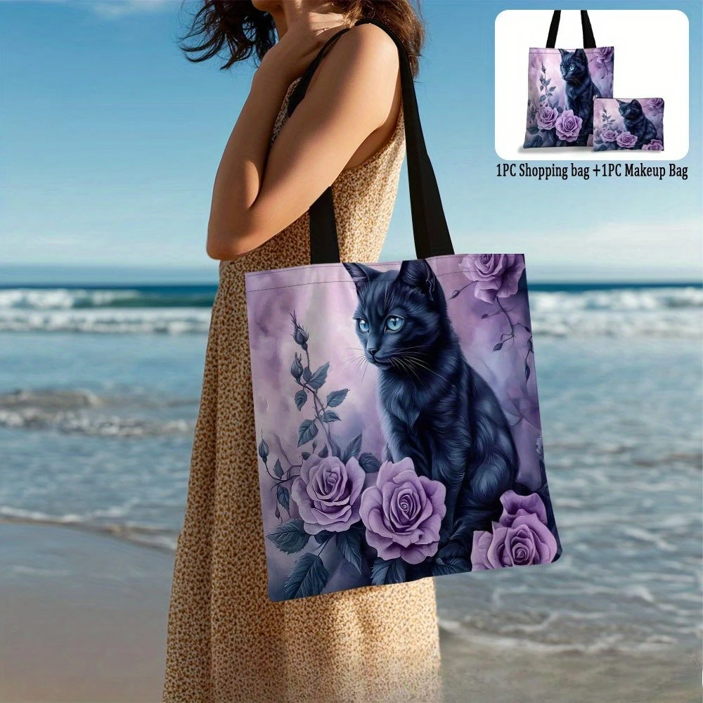 Black Cat with Purple Roses Tote Bag with Makeup Bags Fashion-Forward Durable Shopping Bag Daily Use Cosmetic Pouch image 2