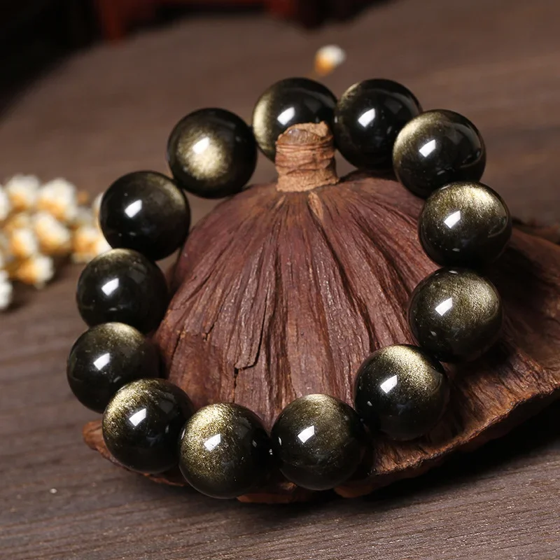 Natural High Grade 7A Large Size Golden Obsidian Beads Charms Blessing Buddha Bracelet Men Women Gemstone Health Jewelry Gifts