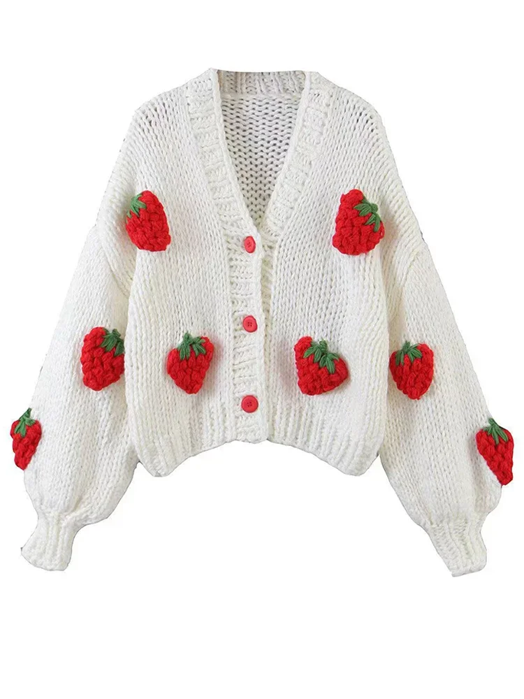 Strawberry Printed Crochet Cardigans Women Winter Korean Style Loose Knitting Sweater Female Fashion Casual V Neck Cardigan Tops