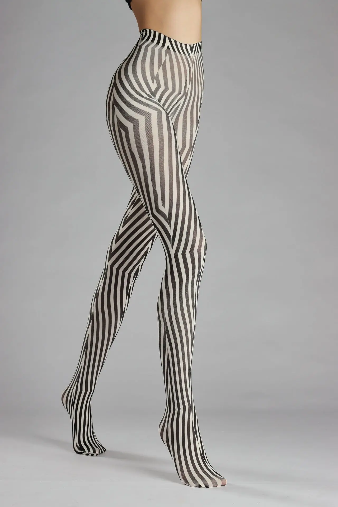 Personality Geometric Stripe Print Black White Women's Pantyhose Polyester Hottie Sexy Irregular Plaid Tights