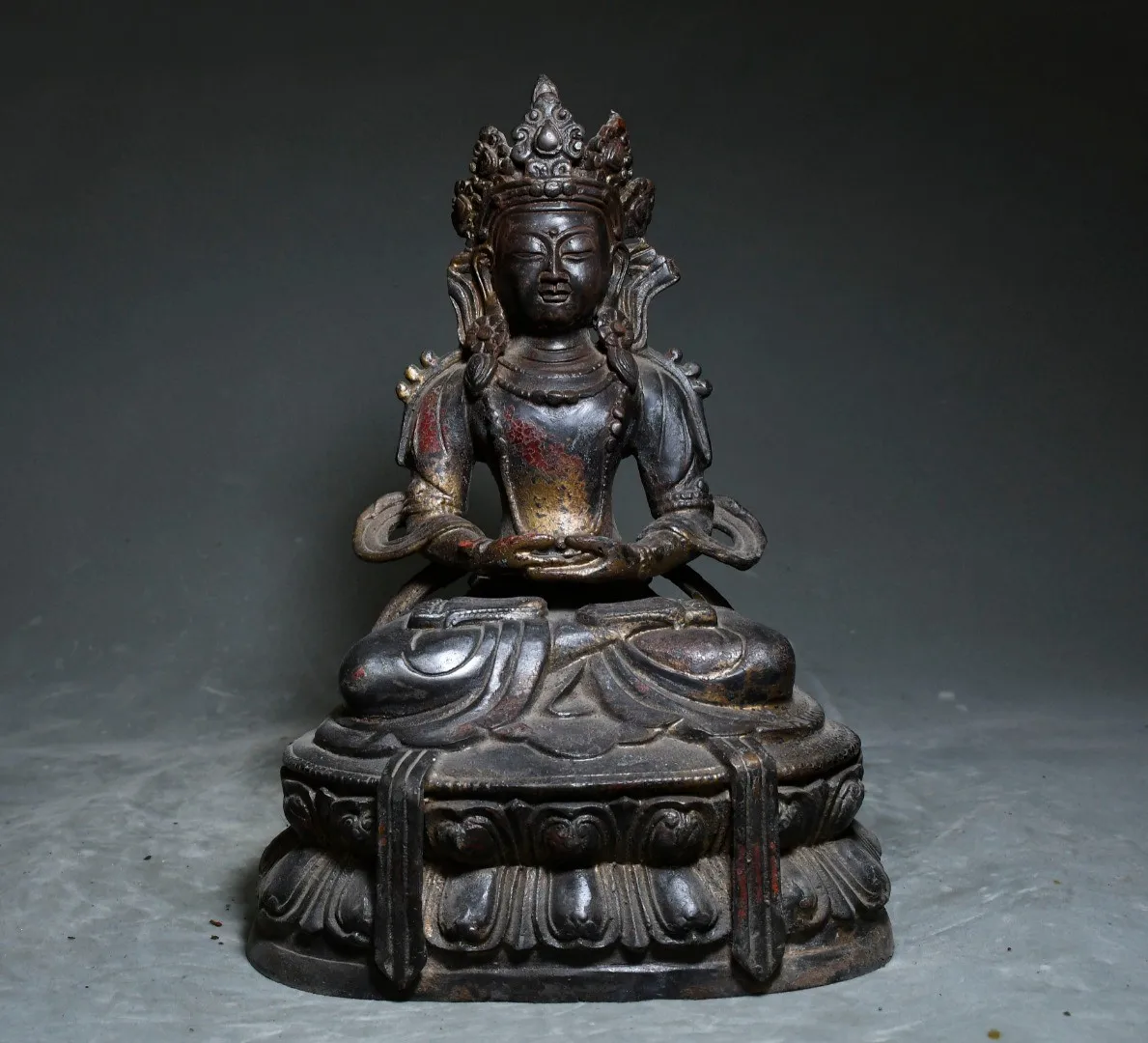 Tibetan Old Yellow Copper Mud Gold Vermilion Sand Painted Longevity Buddha Guanyin Tara Ornament Home Buddhist Hall Supplies Col