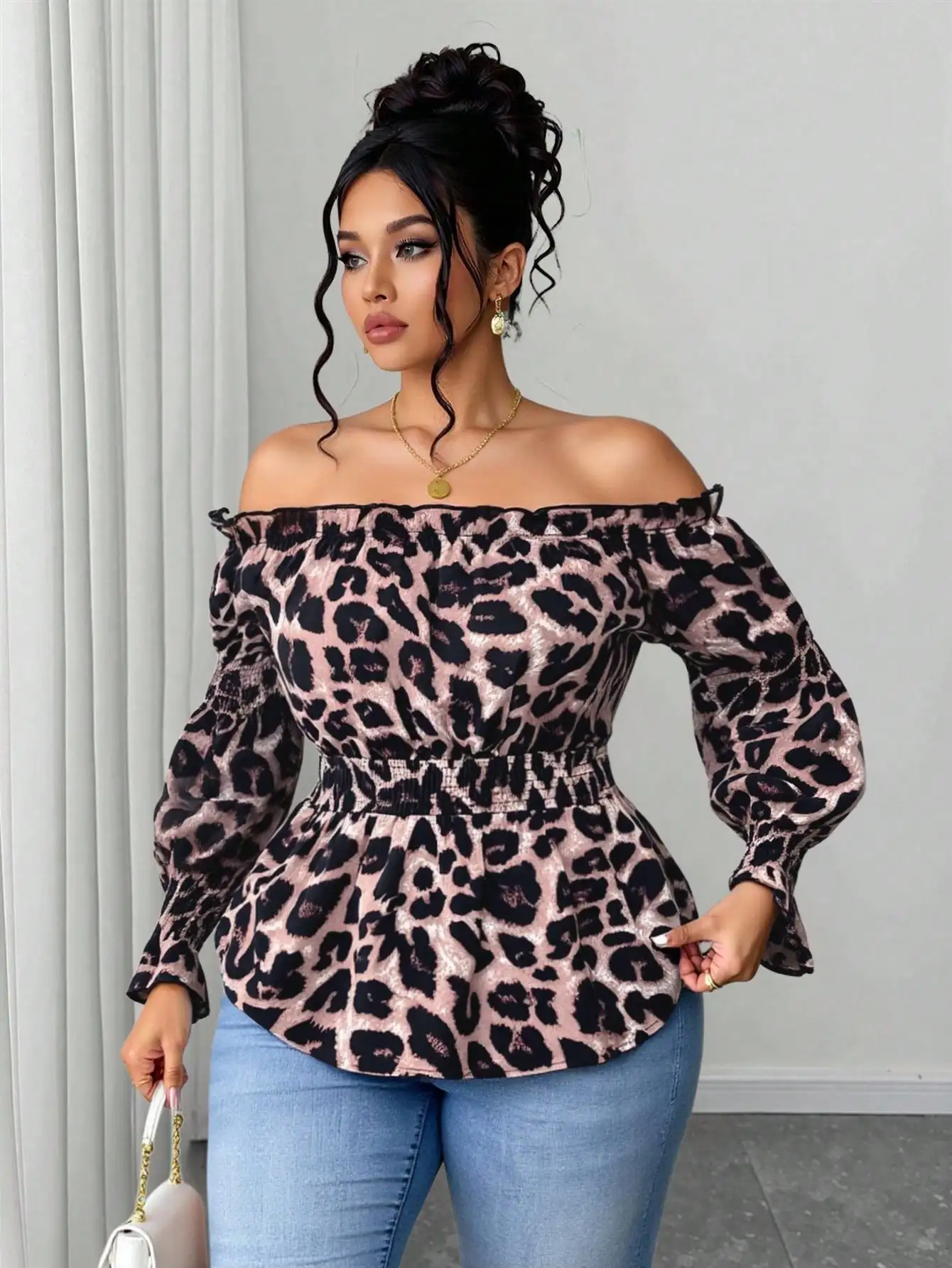 Plus Size Women Leopard Print Ruffled Off-Shoulder Long Sleeve Fashionable Blouse, Spring & Summer Peplum Top - view 6