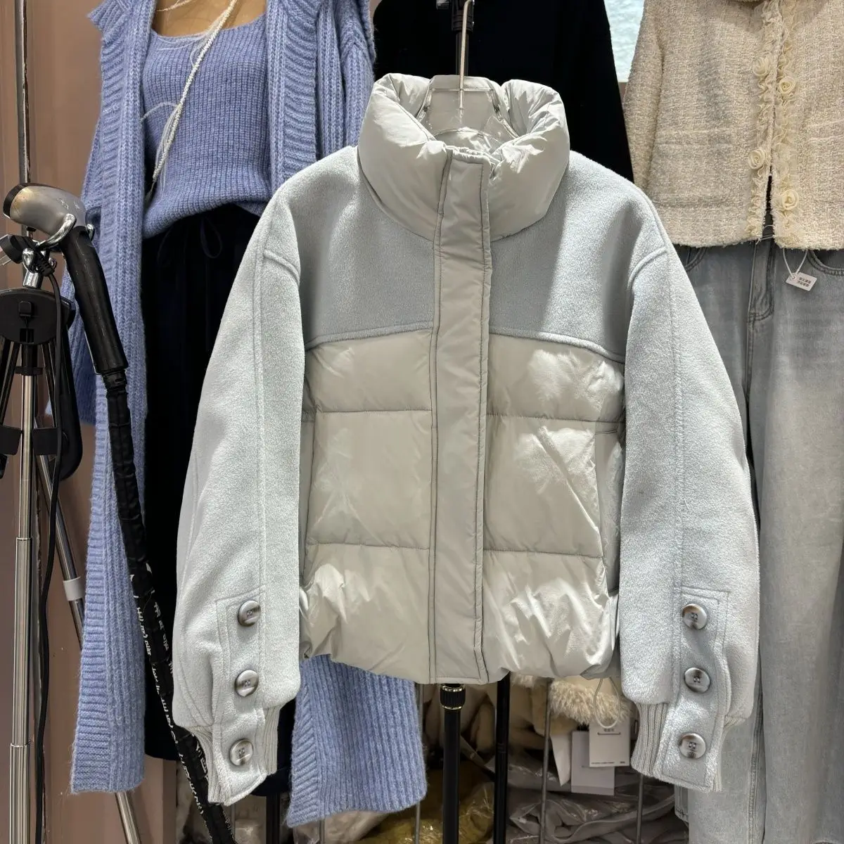 가을, 겨울 새로운 여성 다운 재킷 통근 모직 접합 스탠드 업 칼라 짧은 재킷