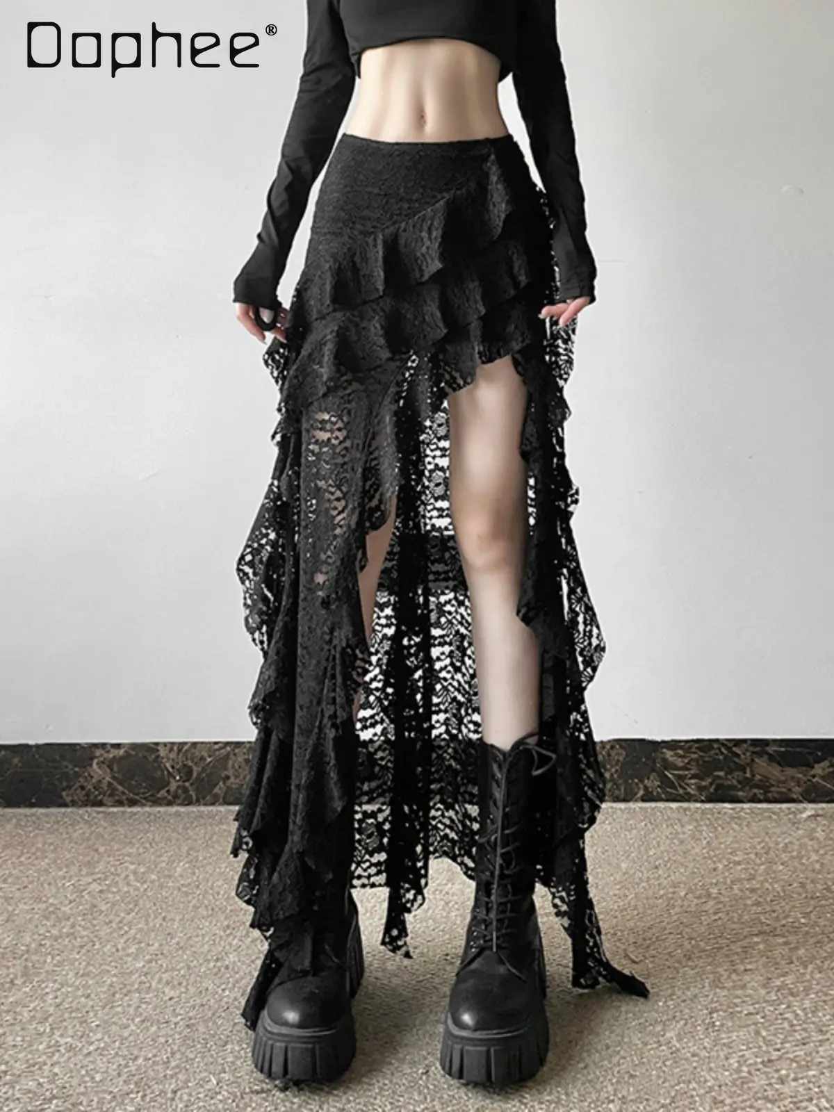 

Модная готическая мини-юбка в стиле Spicy Girl с кружевом и оборками, асимметричная, с завышенной талией, для женщин, лето 2026, новинка