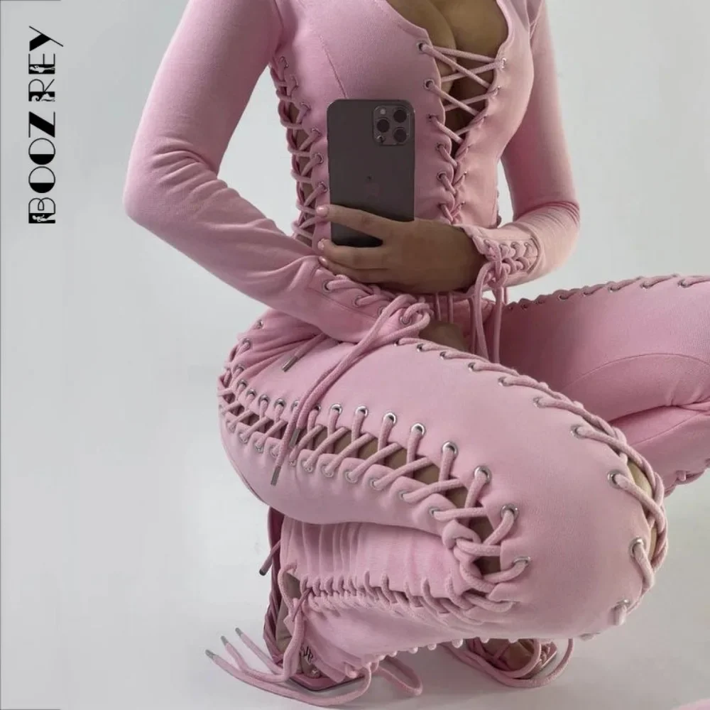 BoozRey Y2k Women Pants Streetwear Low Waist Pant 90s Vintage Clothes Skinny Slim Sexy Lace Up Hollow Out Straight Trousers