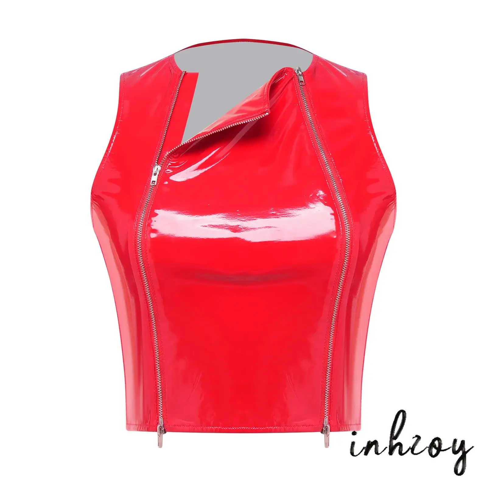 

Women Wet Look PU Leather Crop Top Front Dual Zippers Sleeveless Slim-fit Glossy Tank Top Crop Vest for Nightclub Rave Party