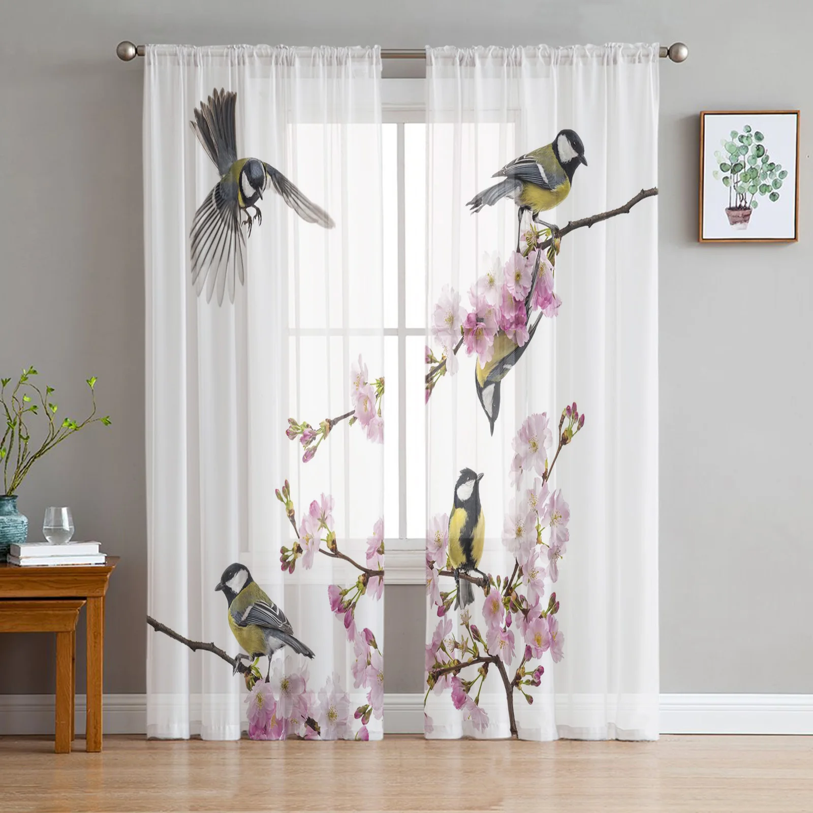 

Oriole Peach Blossom Bird Flower Sheer Curtains for Living Room Decoration Window Curtains Kitchen Tulle Voile Organza Curtains