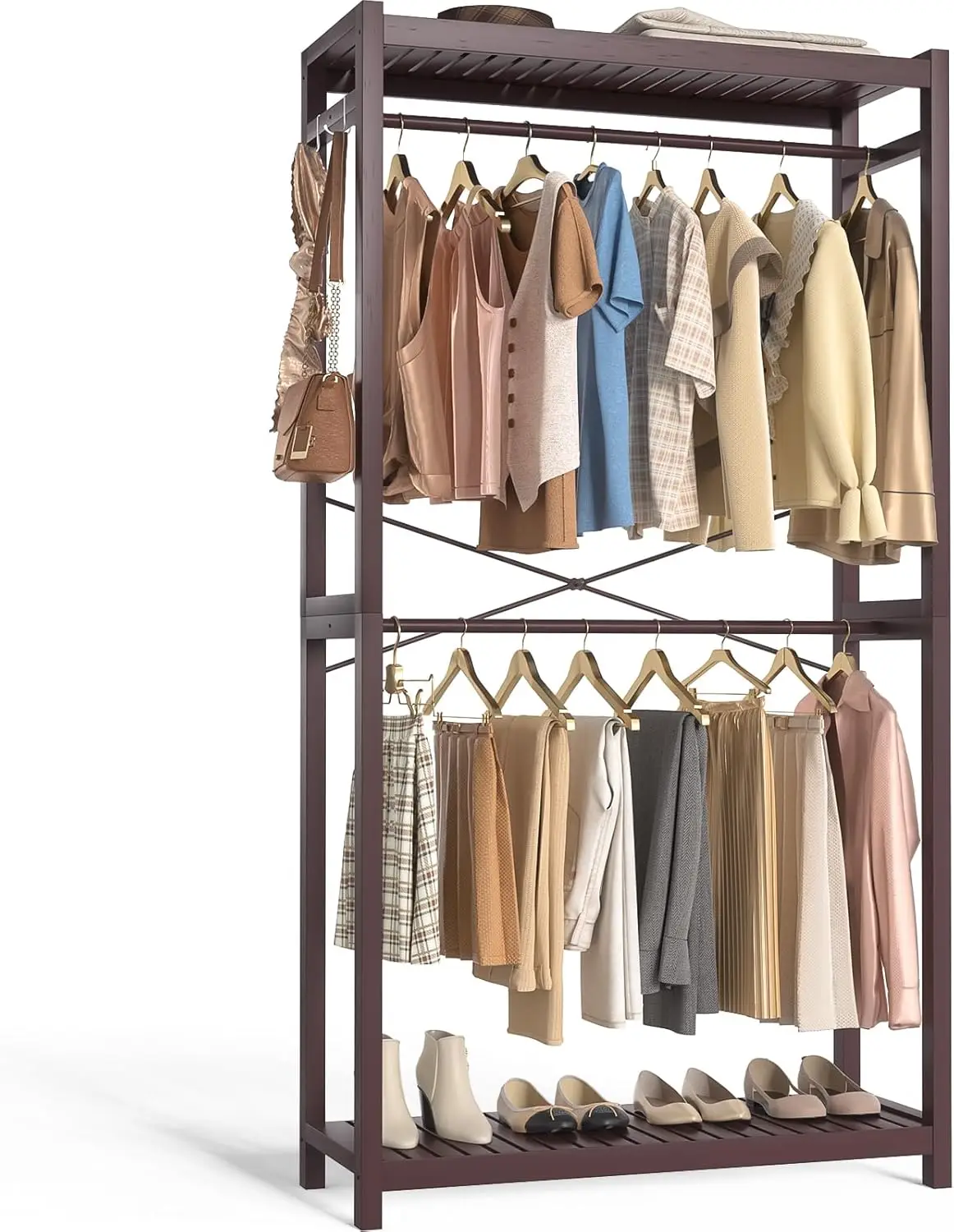 

Bamboo Clothes Rack with Shelves and Double Hang Rods, Portable Closet System Garment Rack for Hanging Clothes, Tall Clothing