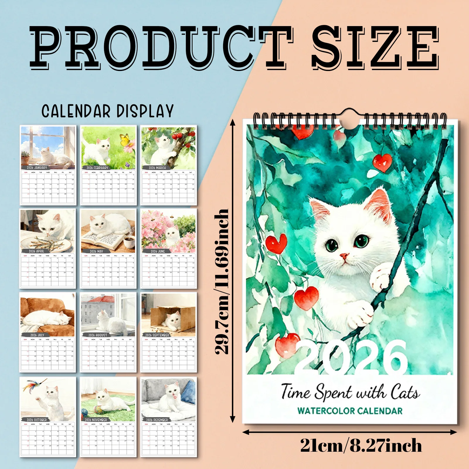 1 ชิ้น 2026 ปฏิทินติดผนัง, ธีมแมวสีน้ำ, วันเกิดที่สมบูรณ์แบบ, ของขวัญปีใหม่, พิมพ์คุณภาพสูง, เหมาะสำหรับตกแต่งบ้านและสำนักงาน