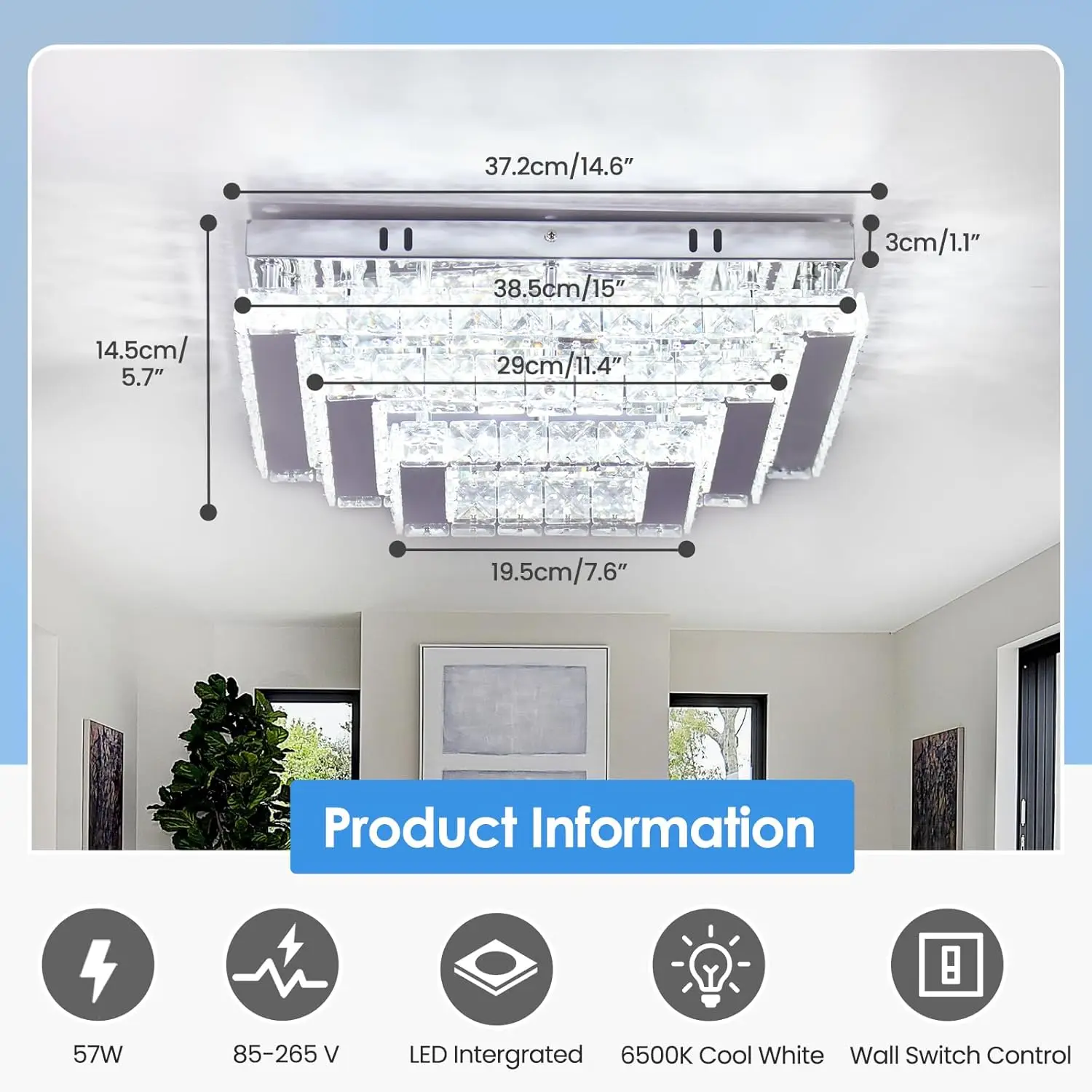 Finktonglan plafoniere a Led quadrate in cristallo, plafoniere moderne a lampadario da 15 "plafoniera a incasso a 3 livelli