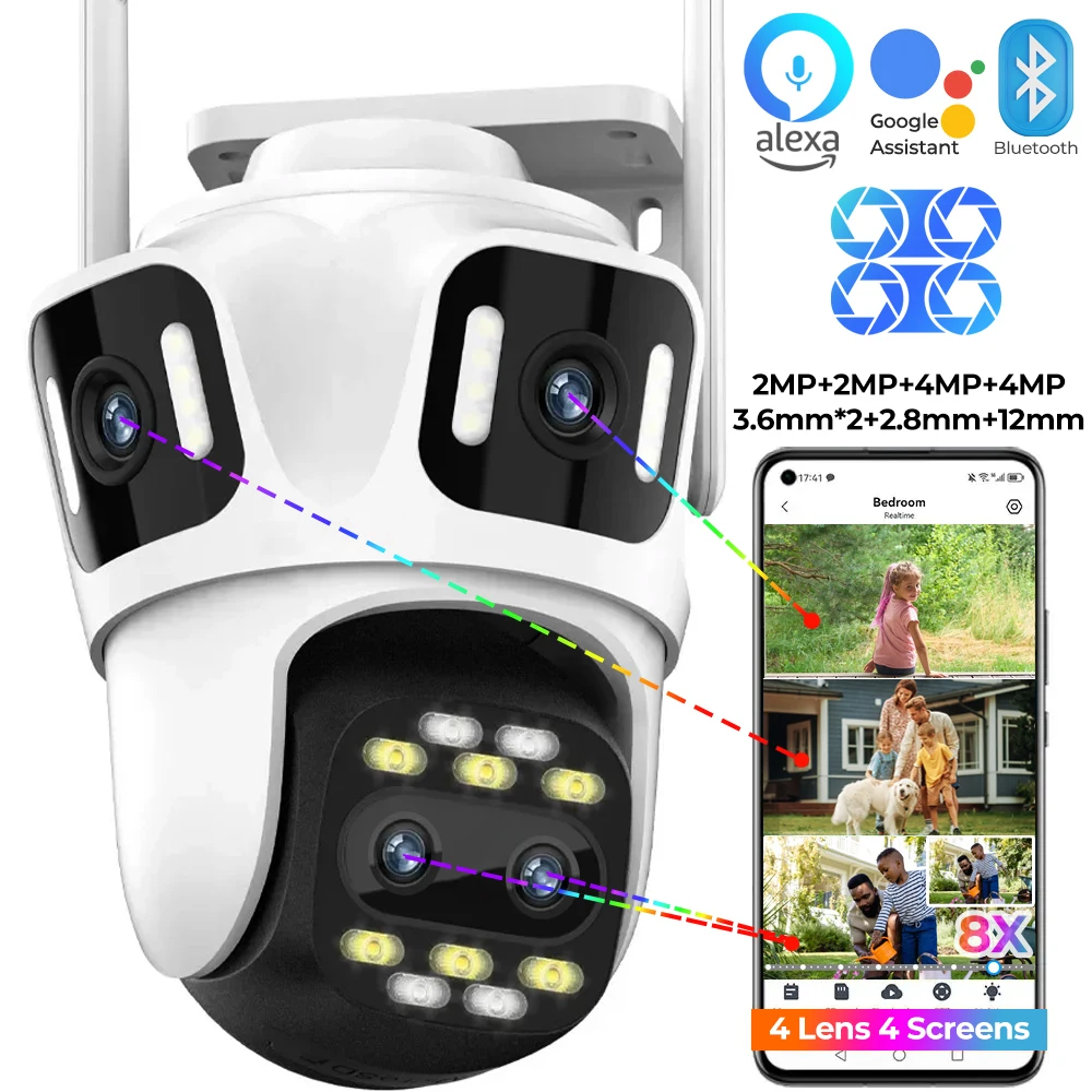 Four Lens WiFi Surveillance Camera Outdoor 8X Hybrid Zoom IP PTZ Camera Auto Tracking 4 Screen Linkage Security Camera iCSee APP