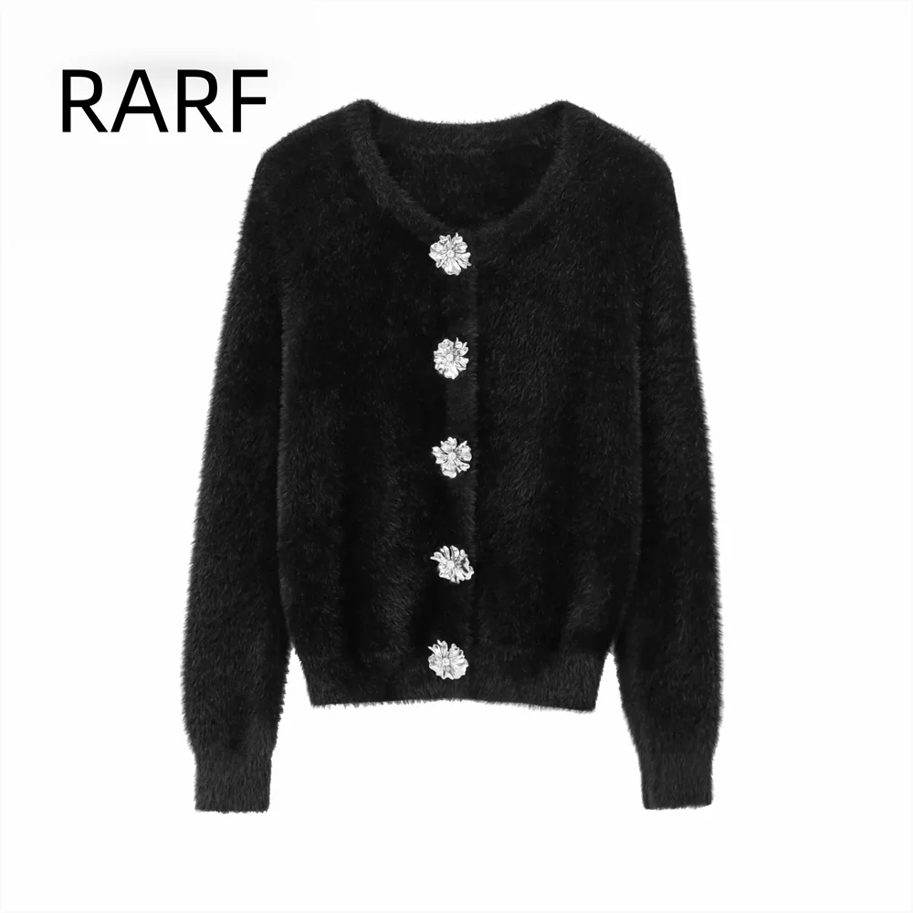 

2024 autumn and winter new lazy artificial fur effect round neck long sleeved knitted cardigan jacket