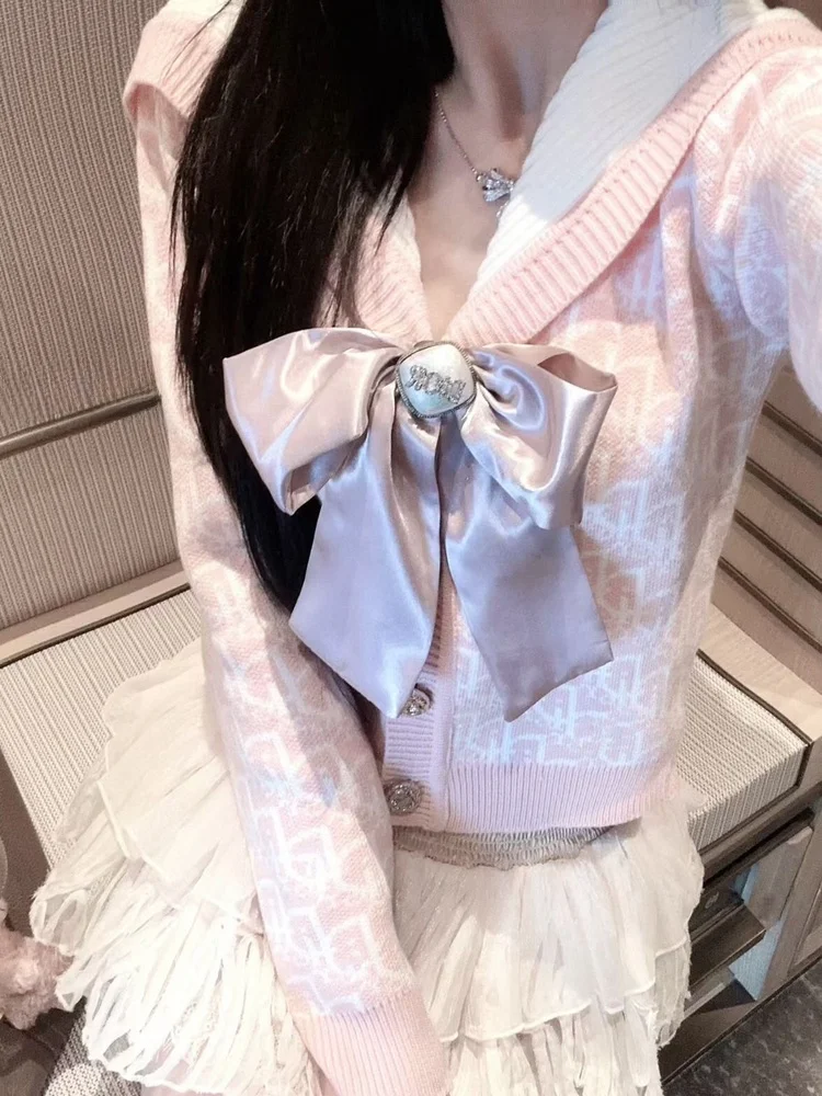 

LXYG Knot Navy Collar Letter Embroidery Long Sleeve Knitted Open Cardigan Women's Autumn Winter Slimming Elegant Kn...