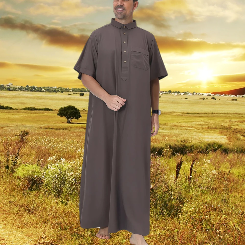 Uomini musulmani Manica corta Abito Colletto con bottoni Jubba Thobe Eid Islam Abbigliamento Turchia Caftano Dubai Abaya Abito Abito Daffah Dishdasha