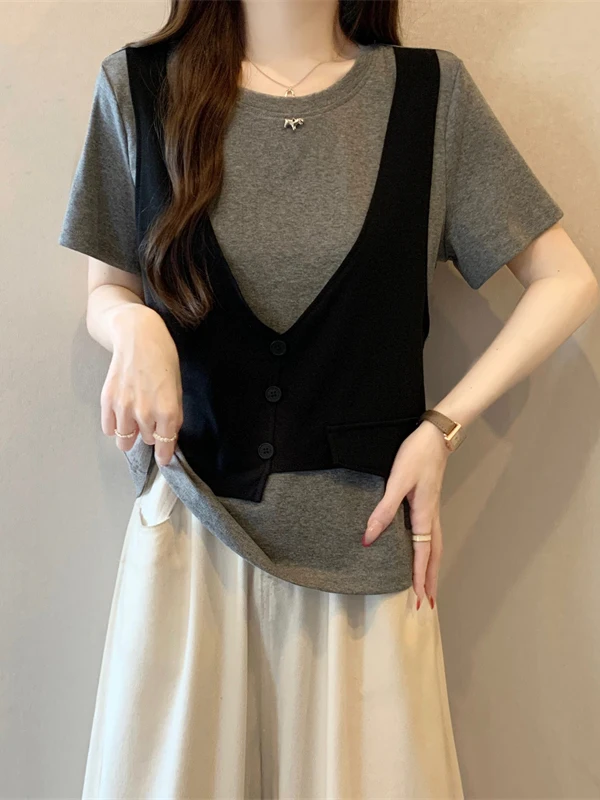 Irregular Short Sleeve T-Shirt Women's Layering Top Summer New Style plus Size Big MM Fake Two-Piece Streetwear